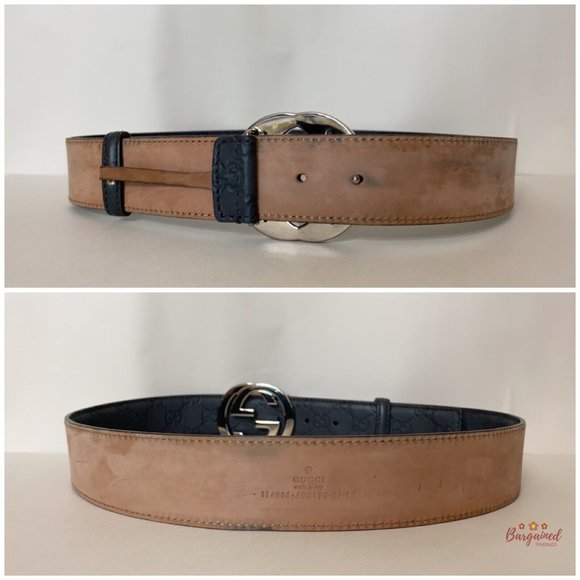 Authentic Gucci Gray Guccissima Leather Silver Interlocking G Buckle Belt 85/34 - Picture 7 of 12